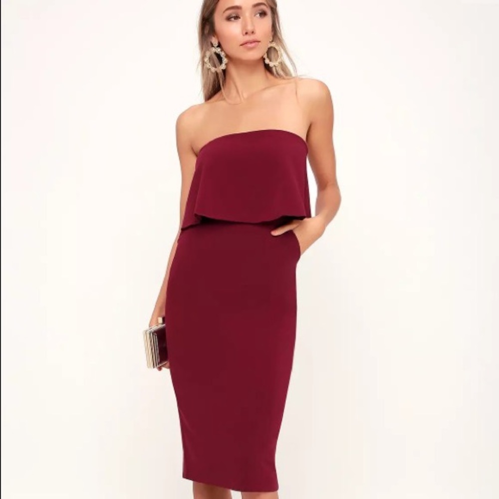 Lulus burgundy strapless midi dress